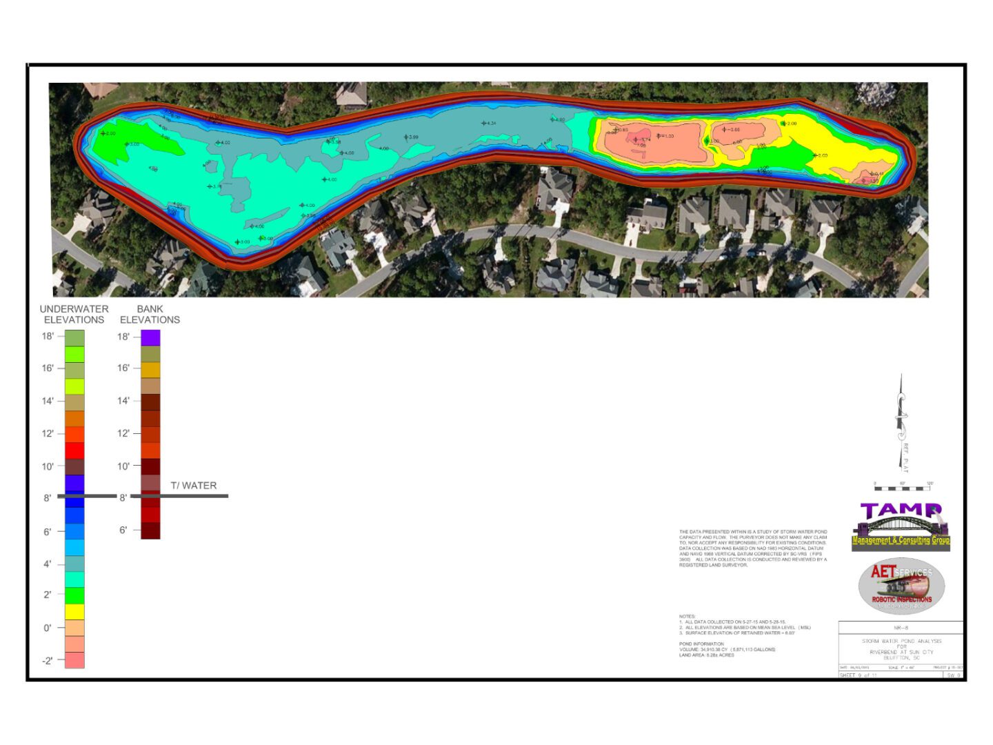 Depth contour map of a water body.