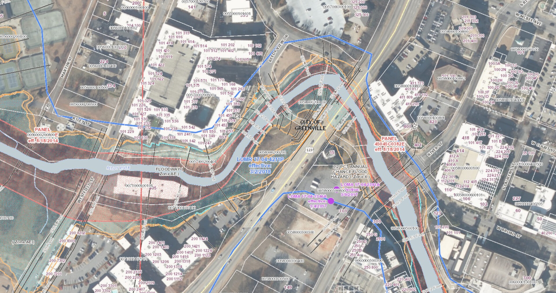 Aerial view of city map with markings.