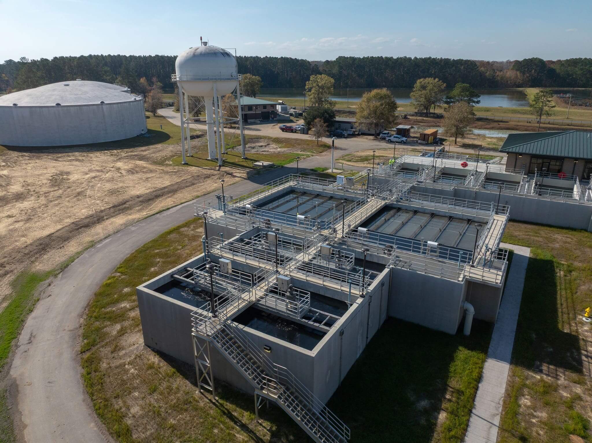 Water treatment facility with storage tanks.