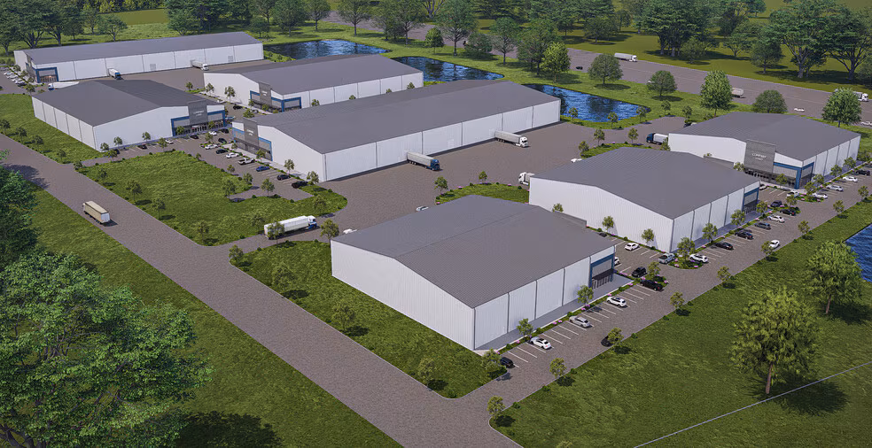 Industrial park with multiple large warehouse buildings.