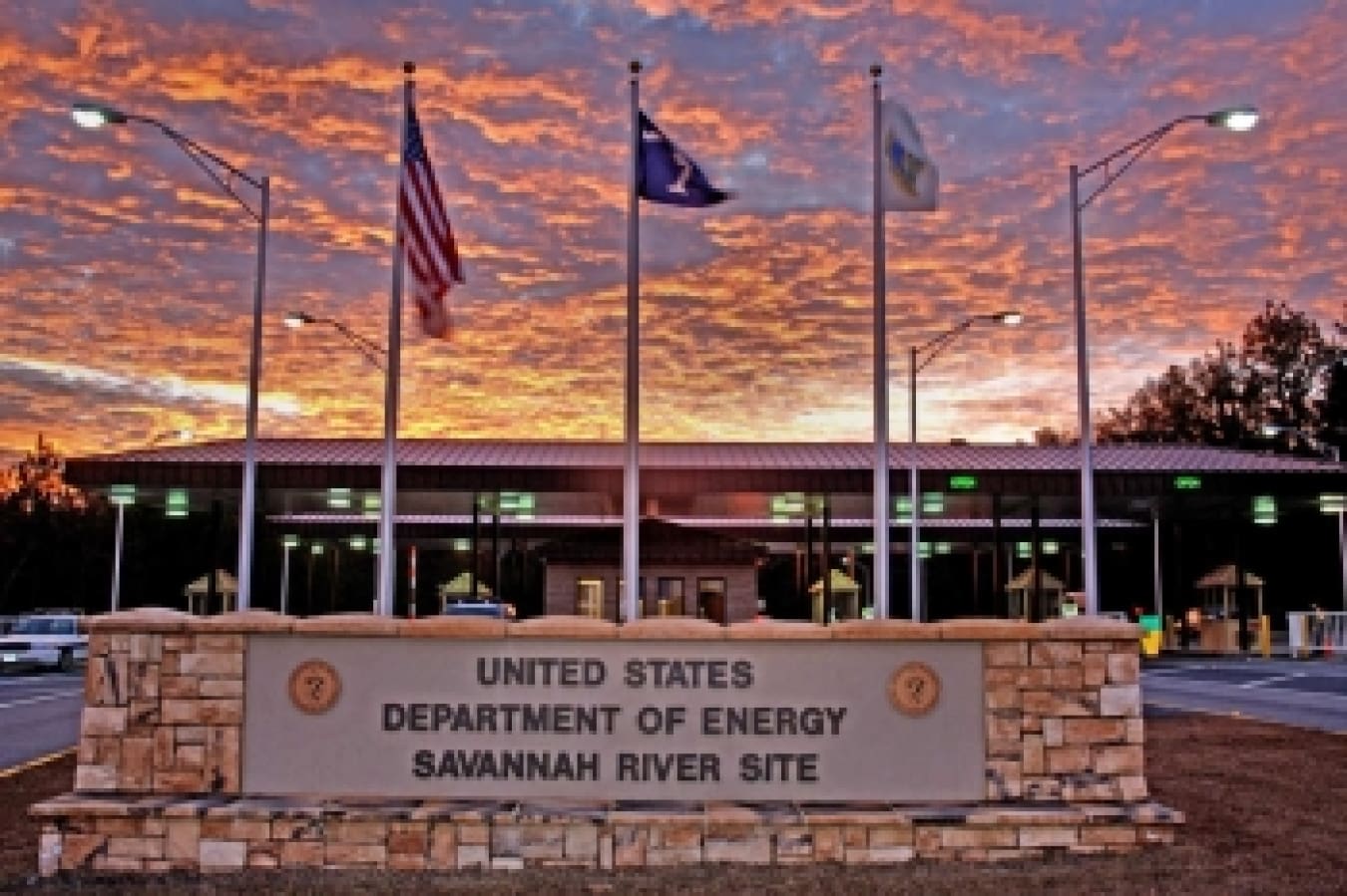 Savannah River Site entrance at sunset.