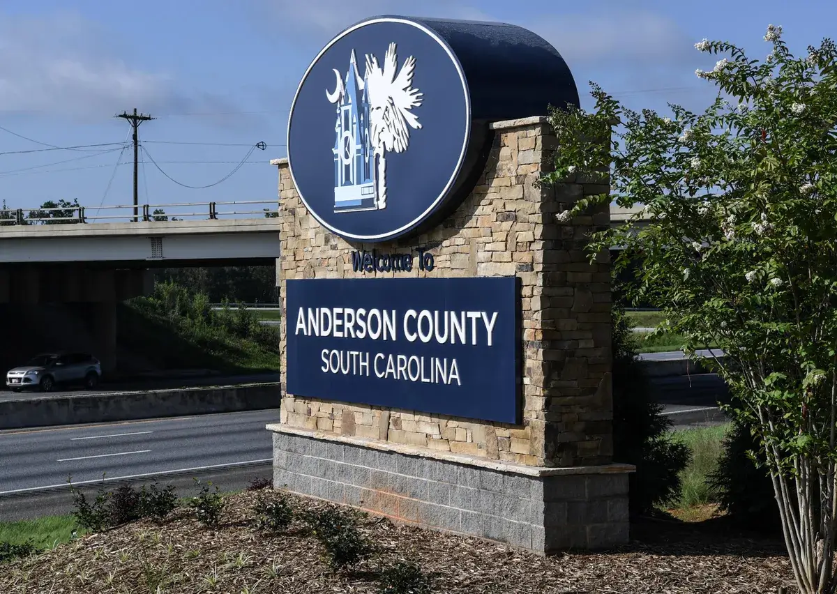 Welcome sign for Anderson County, South Carolina.
