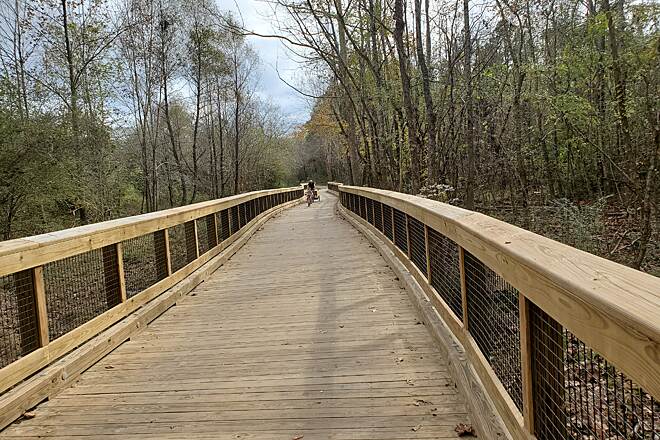 Wooden bridge through a forested area.