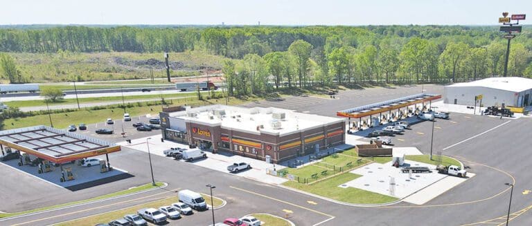 Aerial view of gas station and store.
